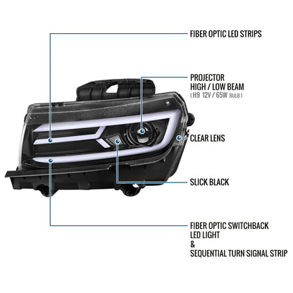 Ronnin - Fits 2014-2015 Chevy Camaro Halogen Projector Headlights Switchback LED Sequential Turn Signal Pair | Glossy Black