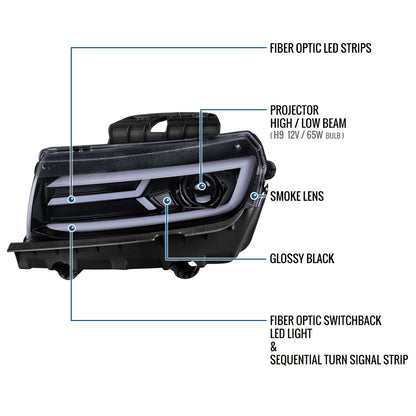 Ronnin - Fits 2014-2015 Chevy Camaro Halogen Projector Headlights Switchback LED Sequential Turn Signal Pair | Black Smoke