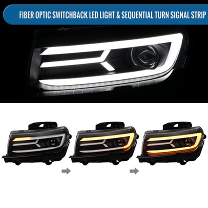Ronnin - Fits 2014-2015 Chevy Camaro Halogen Projector Headlights Switchback LED Sequential Turn Signal Pair | Black