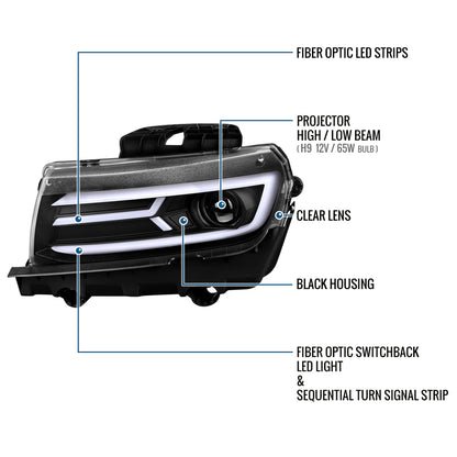 Ronnin - Fits 2014-2015 Chevy Camaro Halogen Projector Headlights Switchback LED Sequential Turn Signal Pair | Black