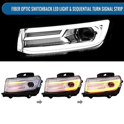 Ronnin - Fits 2014-2015 Chevy Camaro Halogen Projector Headlights Switchback LED Sequential Turn Signal Pair | Chrome