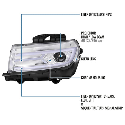 Ronnin - Fits 2014-2015 Chevy Camaro Halogen Projector Headlights Switchback LED Sequential Turn Signal Pair | Chrome