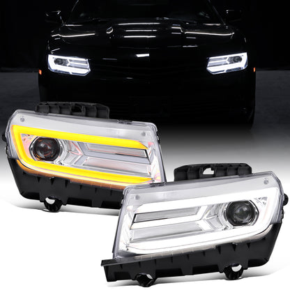 Ronnin - Fits 2014-2015 Chevy Camaro Halogen Projector Headlights Switchback LED Sequential Turn Signal Pair | Chrome