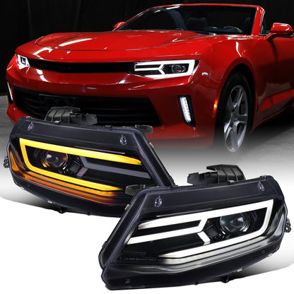 Ronnin - Fits 2016-2018 Chevy Camaro Halogen Projector Headlights Switchback LED Sequential Turn Signal and DRL Pair | Black Smoke
