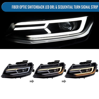 Ronnin - Fits 2016-2018 Chevy Camaro Halogen Projector Headlights Switchback LED Sequential Turn Signal and DRL Pair | Black