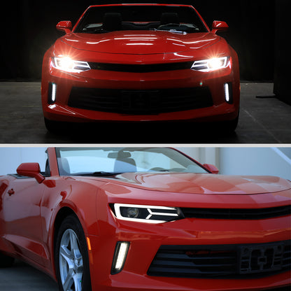 Ronnin - Fits 2016-2018 Chevy Camaro Halogen Projector Headlights Switchback LED Sequential Turn Signal and DRL Pair | Glossy Black
