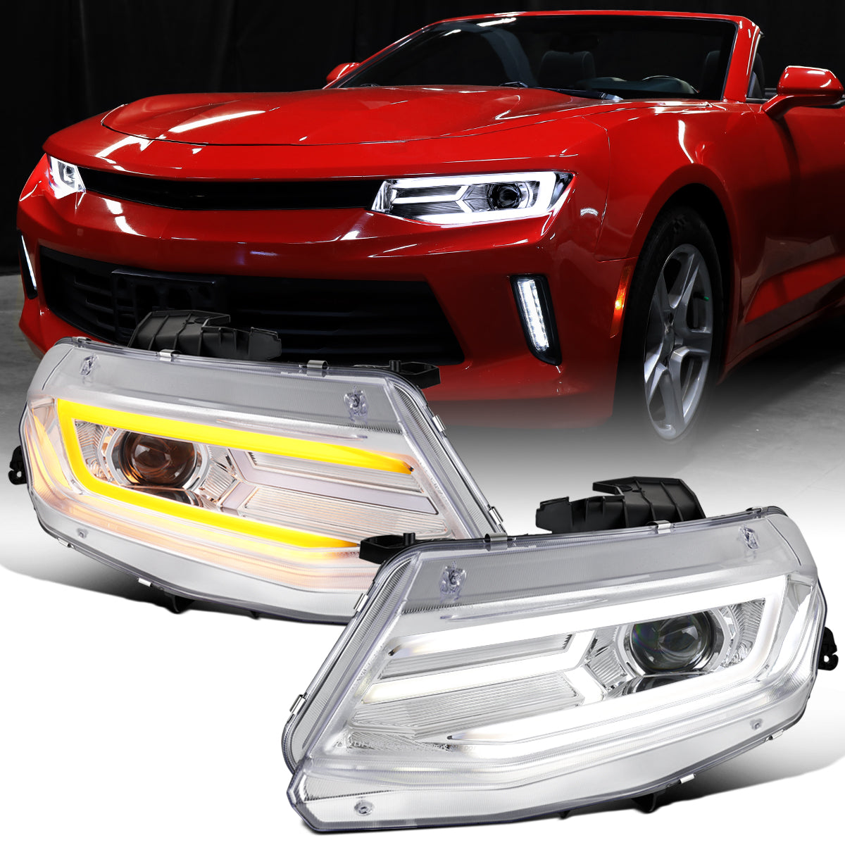 Ronnin - Se adapta a Chevy Camaro 2016-2018 Faros halógenos con proyector, señal de giro secuencial LED conmutador y DRL Par | Cromado