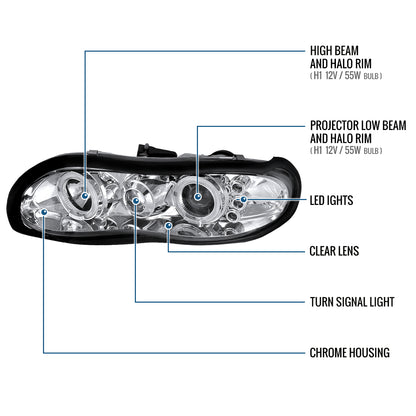 Ronnin - Fits 1998-2002 Chevy Camaro Upgrade Replacement LED Dual Halo Rims Projector Headlights Assembly Pair | Chrome