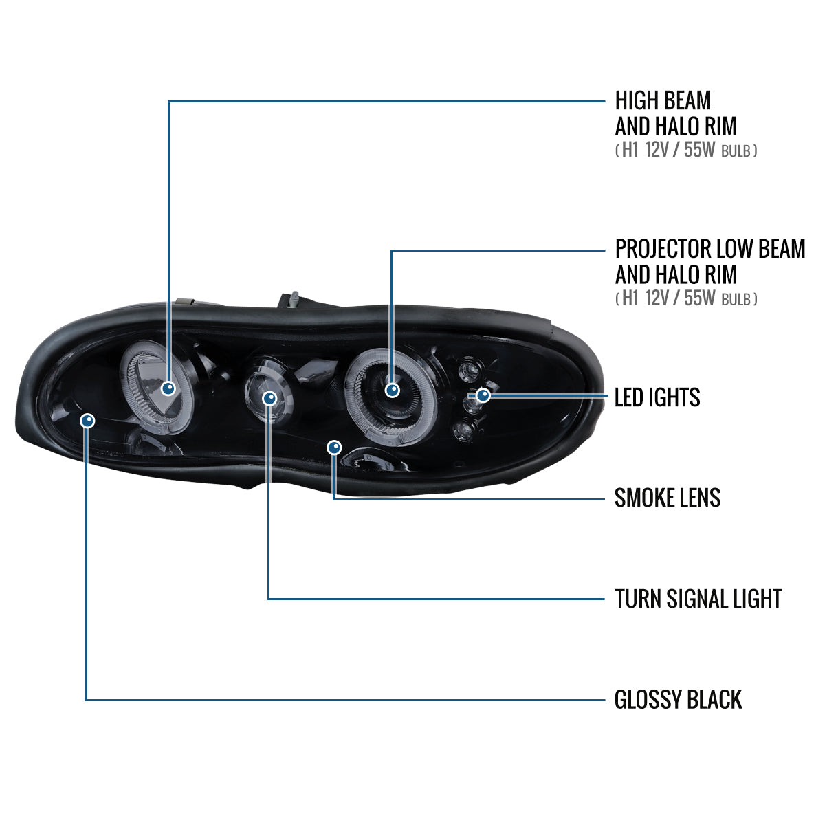 Ronnin - Fits 1998-2002 Chevy Camaro Upgrade Replacement LED Dual Halo Rims Projector Headlights Assembly Pair | Black Smoke
