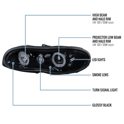 Ronnin - Fits 1998-2002 Chevy Camaro Upgrade Replacement LED Dual Halo Rims Projector Headlights Assembly Pair | Black Smoke