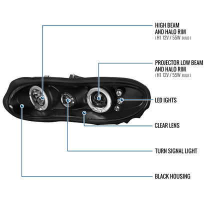 Ronnin - Fits 1998-2002 Chevy Camaro Upgrade Replacement LED Dual Halo Rims Projector Headlights Assembly Pair | Black