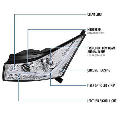 Ronnin - Se adapta a Chevrolet Cruze 2011-2016 Luces de circulación diurna LED de repuesto mejoradas, intermitentes, conjunto de faros con proyector (Par) | Cromo