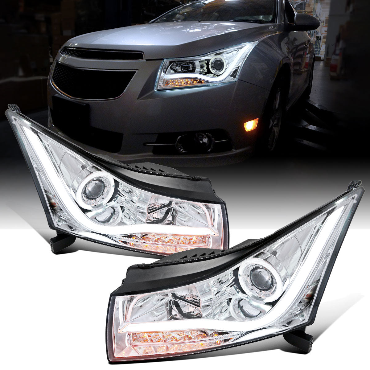 Ronnin - Se adapta a Chevrolet Cruze 2011-2016 Luces de circulación diurna LED de repuesto mejoradas, intermitentes, conjunto de faros con proyector (Par) | Cromo