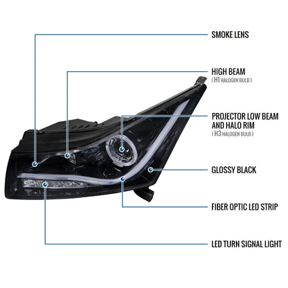 Ronnin - Se adapta a Chevrolet Cruze 2011-2016 Luces de circulación diurna LED de repuesto mejoradas Señales de giro Faros delanteros con proyector Ensamblaje Par | Negro Ahumado