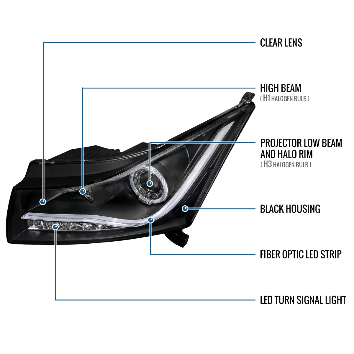 2011-2016 Chevrolet Cruze Upgraded Replacement LED Running Lights Turn Signals Projector Headlights Assembly Pair | Black