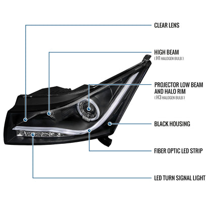 2011-2016 Chevrolet Cruze Upgraded Replacement LED Running Lights Turn Signals Projector Headlights Assembly Pair | Black
