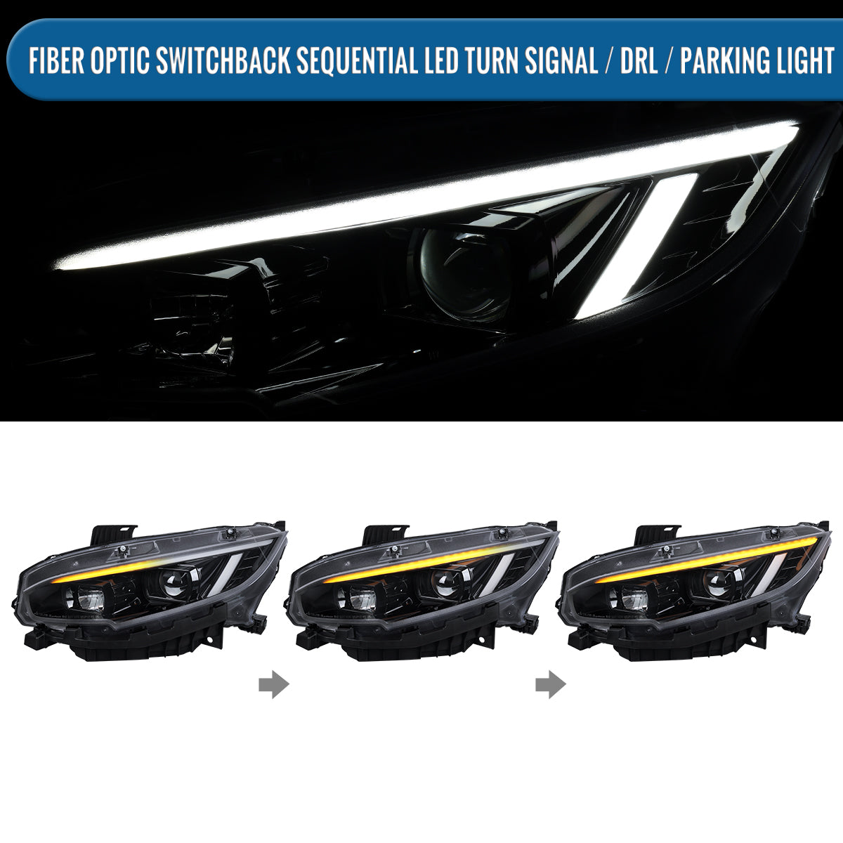 Ronnin - Compatible con Honda Civic Halogen 2016-2021 Faros con proyector de carcasas cuadradas, conjunto de par de luces diurnas LED de tubo DRL con intermitentes secuenciales | Negro brillante