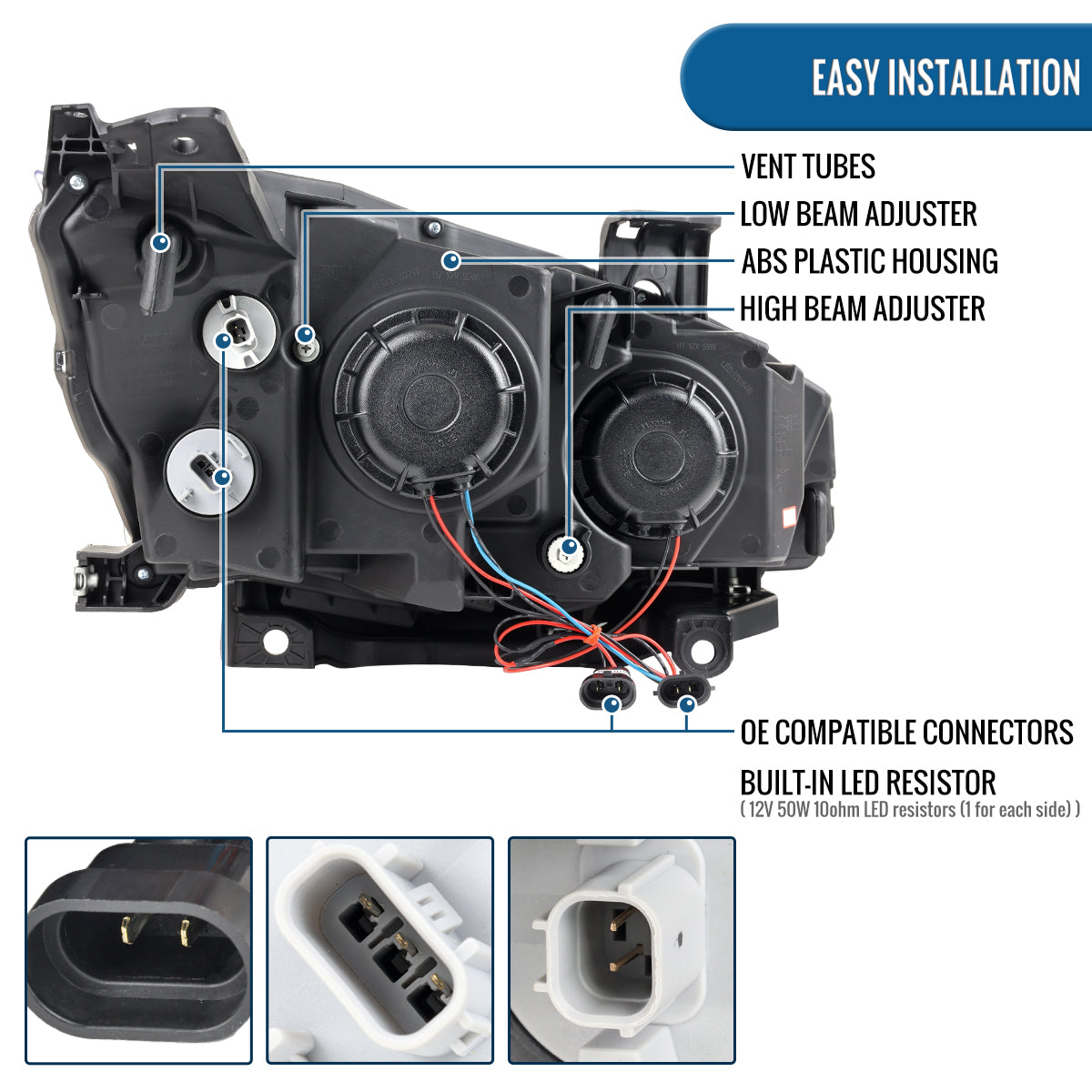 Ronnin - Compatible con Honda Civic Halogen 2016-2021 Faros con proyector de carcasas cuadradas, conjunto de par de luces diurnas LED de tubo DRL con intermitentes secuenciales | Negro brillante