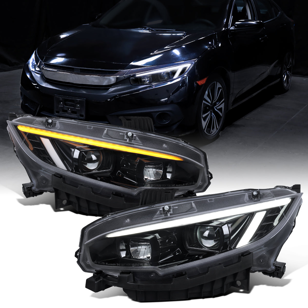 Ronnin - Compatible con Honda Civic Halogen 2016-2021 Faros con proyector de carcasas cuadradas, conjunto de par de luces diurnas LED de tubo DRL con intermitentes secuenciales | Negro brillante