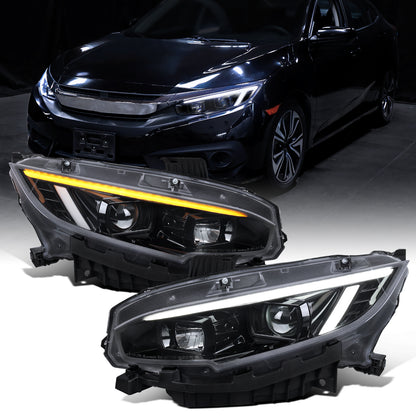 Ronnin - Compatible con Honda Civic Halogen 2016-2021 Faros con proyector de carcasas cuadradas, conjunto de par de luces diurnas LED de tubo DRL con intermitentes secuenciales | Negro brillante