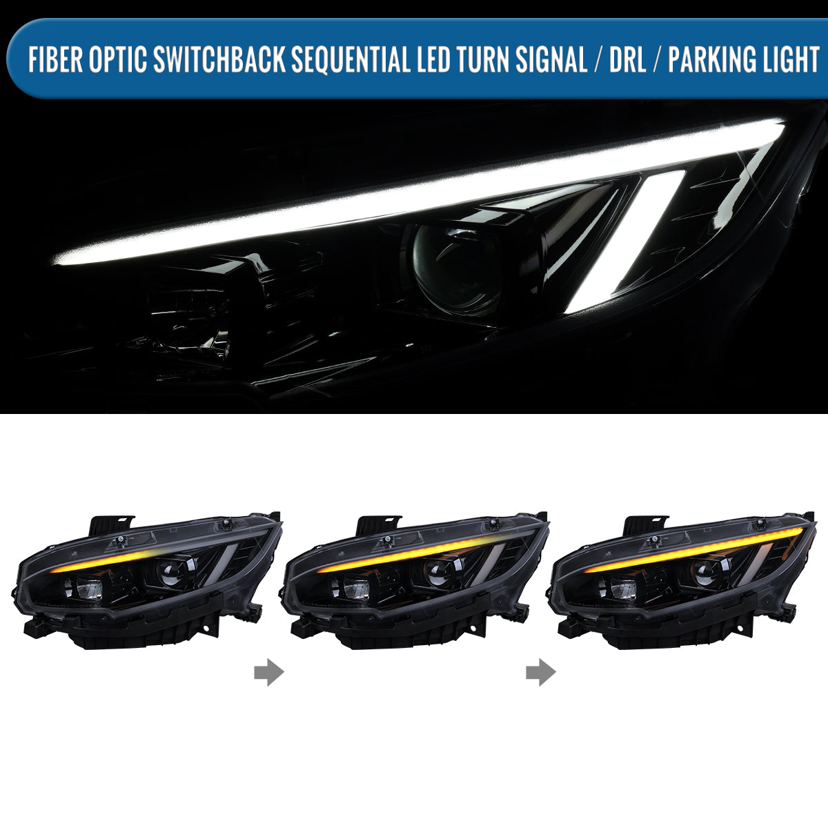 Ronnin - Compatible con Honda Civic 2016-2021 Faros Proyector con Cubiertas Cuadradas Halógenas Tubo LED DRL Intermitentes Secuenciales Ensamblaje Par | Negro Ahumado