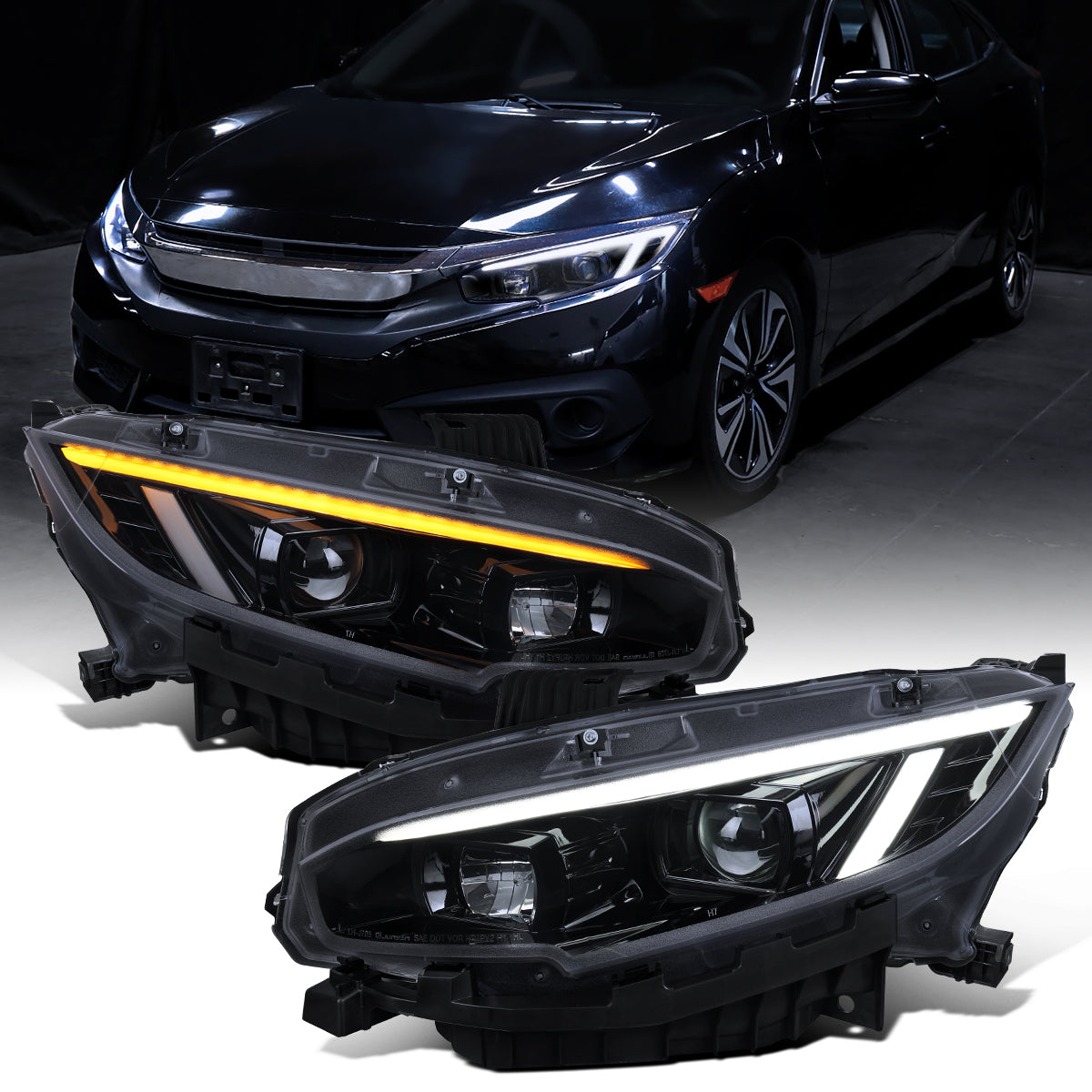 Ronnin - Compatible con Honda Civic 2016-2021 Faros Proyector con Cubiertas Cuadradas Halógenas Tubo LED DRL Intermitentes Secuenciales Ensamblaje Par | Negro Ahumado