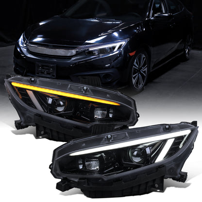 Ronnin - Compatible con Honda Civic 2016-2021 Faros Proyector con Cubiertas Cuadradas Halógenas Tubo LED DRL Intermitentes Secuenciales Ensamblaje Par | Negro Ahumado