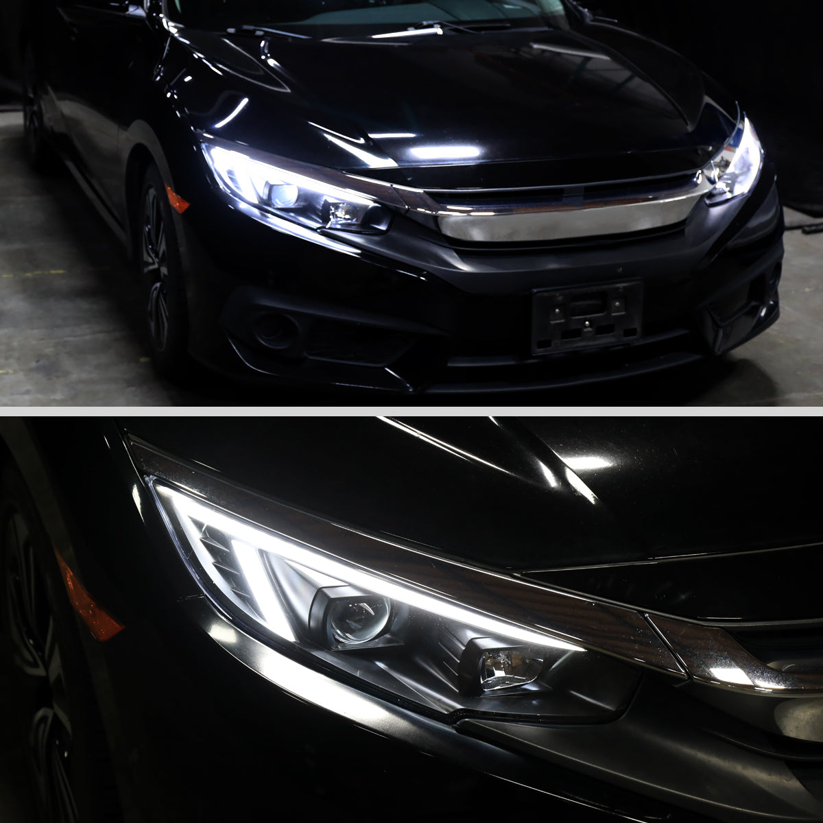Ronnin - Se adapta a Honda Civic 2016-2021 Faros proyectores de cubierta cuadrada halógena Tubo LED DRL Intermitentes secuenciales Ensamblaje Par | Negro