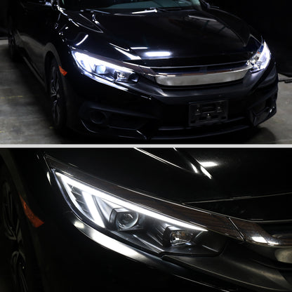 Ronnin - Se adapta a Honda Civic 2016-2021 Faros proyectores de cubierta cuadrada halógena Tubo LED DRL Intermitentes secuenciales Ensamblaje Par | Negro
