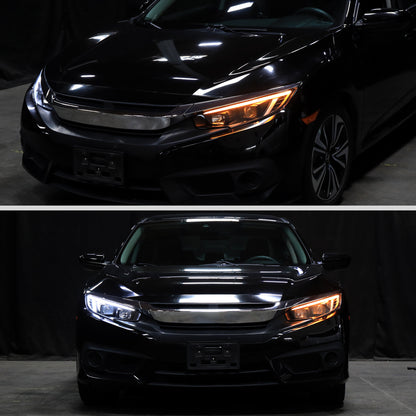 Ronnin - Se adapta a Honda Civic 2016-2021 Faros proyectores de cubierta cuadrada halógena Tubo LED DRL Intermitentes secuenciales Ensamblaje Par | Negro