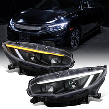 Ronnin - Se adapta a Honda Civic 2016-2021 Faros proyectores de cubierta cuadrada halógena Tubo LED DRL Intermitentes secuenciales Ensamblaje Par | Negro