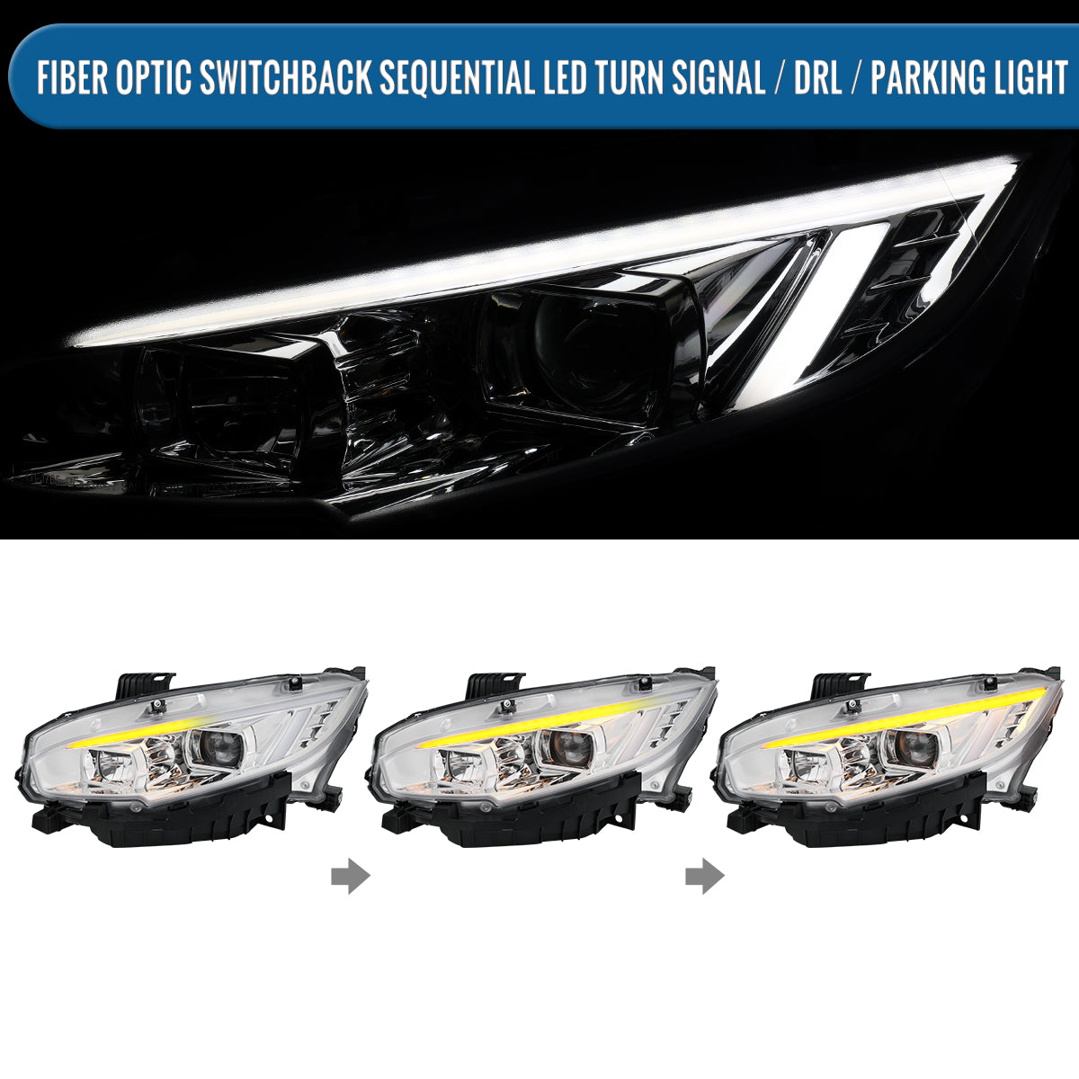 Ronnin - Se adapta a Honda Civic Halógeno 2016-2021 Cubiertas Cuadradas Faros Proyectores LED DRL Tubo Señales Secuenciales Intermitentes Montaje Par | Cromado