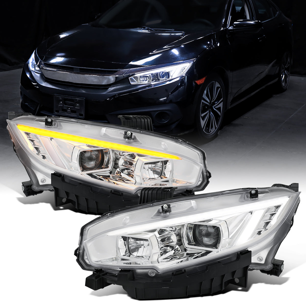 Ronnin - Se adapta a Honda Civic Halógeno 2016-2021 Cubiertas Cuadradas Faros Proyectores LED DRL Tubo Señales Secuenciales Intermitentes Montaje Par | Cromado