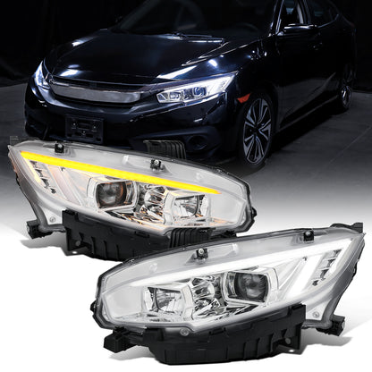 Ronnin - Se adapta a Honda Civic Halógeno 2016-2021 Cubiertas Cuadradas Faros Proyectores LED DRL Tubo Señales Secuenciales Intermitentes Montaje Par | Cromado