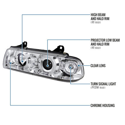 Ronnin - Fits 1992-1998 BMW E36 3-Series 318i 325i 328i LED Dual Rims Headlights Assembly Pair | Chrome
