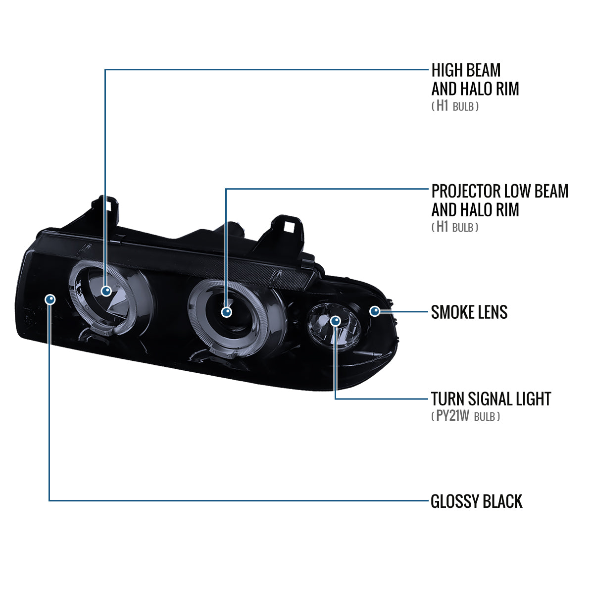 Ronnin - Fits 1992-1998 BMW E36 3-Series 318i 325i 328i LED Dual Rims Headlights Assembly Pair | Black Smoke