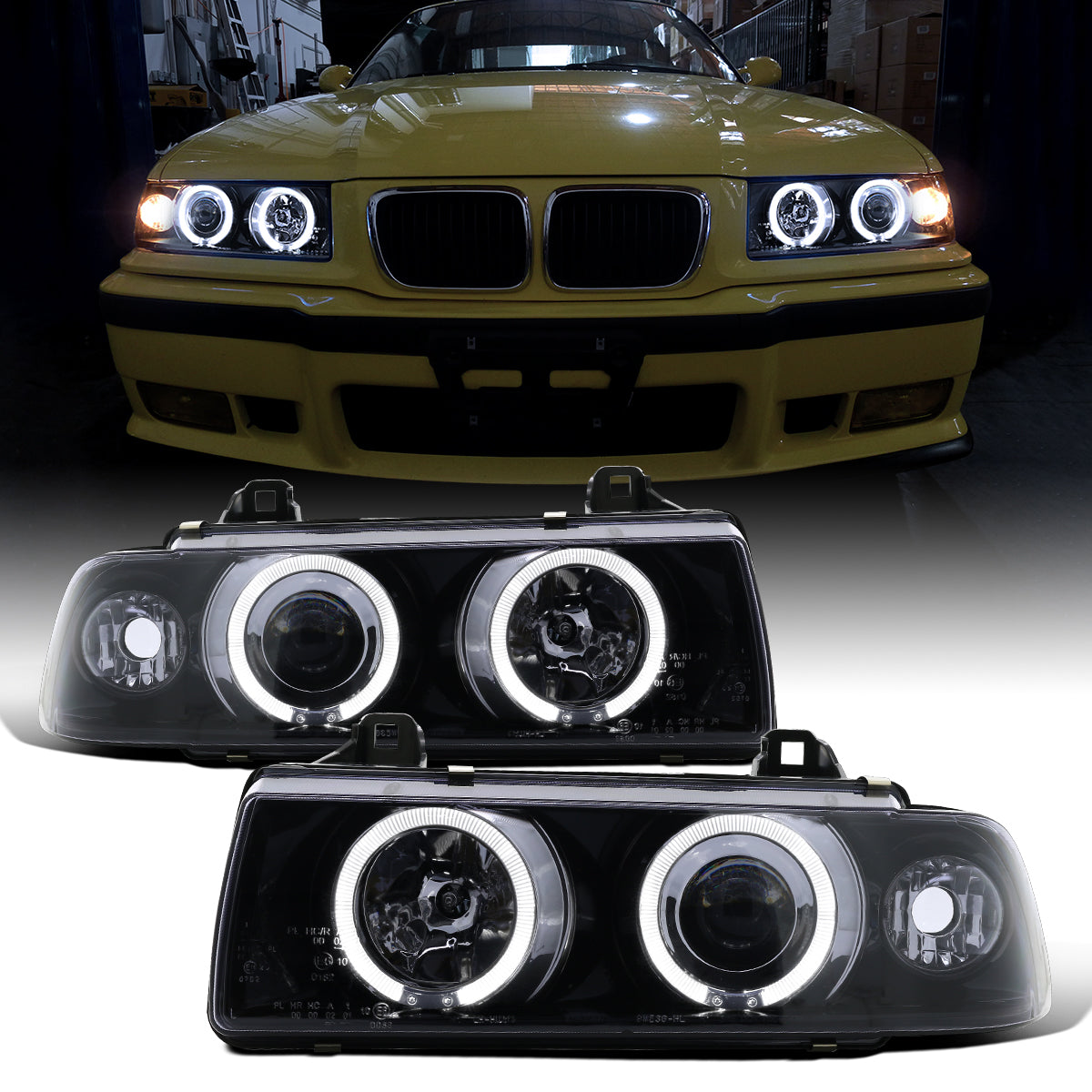 Ronnin - Fits 1992-1998 BMW E36 3-Series 318i 325i 328i LED Dual Rims Headlights Assembly Pair | Black Smoke