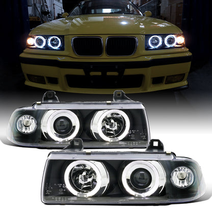 Ronnin - Fits 1992-1998 BMW E36 3-Series 318i 325i 328i LED Dual Rims Headlights Assembly Pair | Black