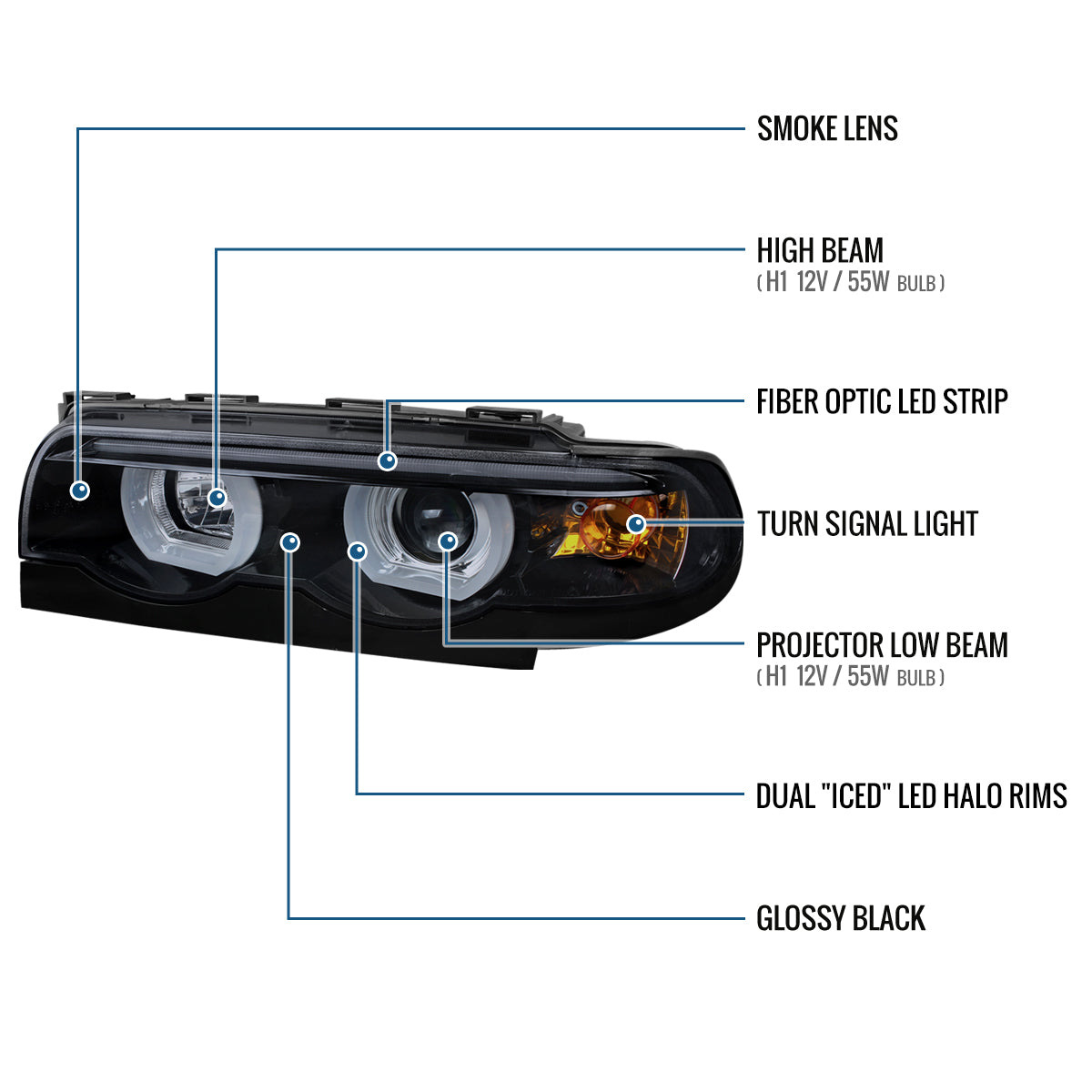 Ronnin - Fits 1995-2001 BMW E38 7-Series 740i 740iL Upgrade Projector Halogen Headlights Assembly Pair | Black Smoke