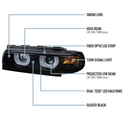 Ronnin - Fits 1995-2001 BMW E38 7-Series 740i 740iL Upgrade Projector Halogen Headlights Assembly Pair | Black Smoke