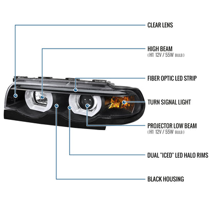 Ronnin - Fits 1995-2001 BMW E38 7-Series 740i 740iL Upgrade Projector Halogen Headlights Assembly Pair | Black