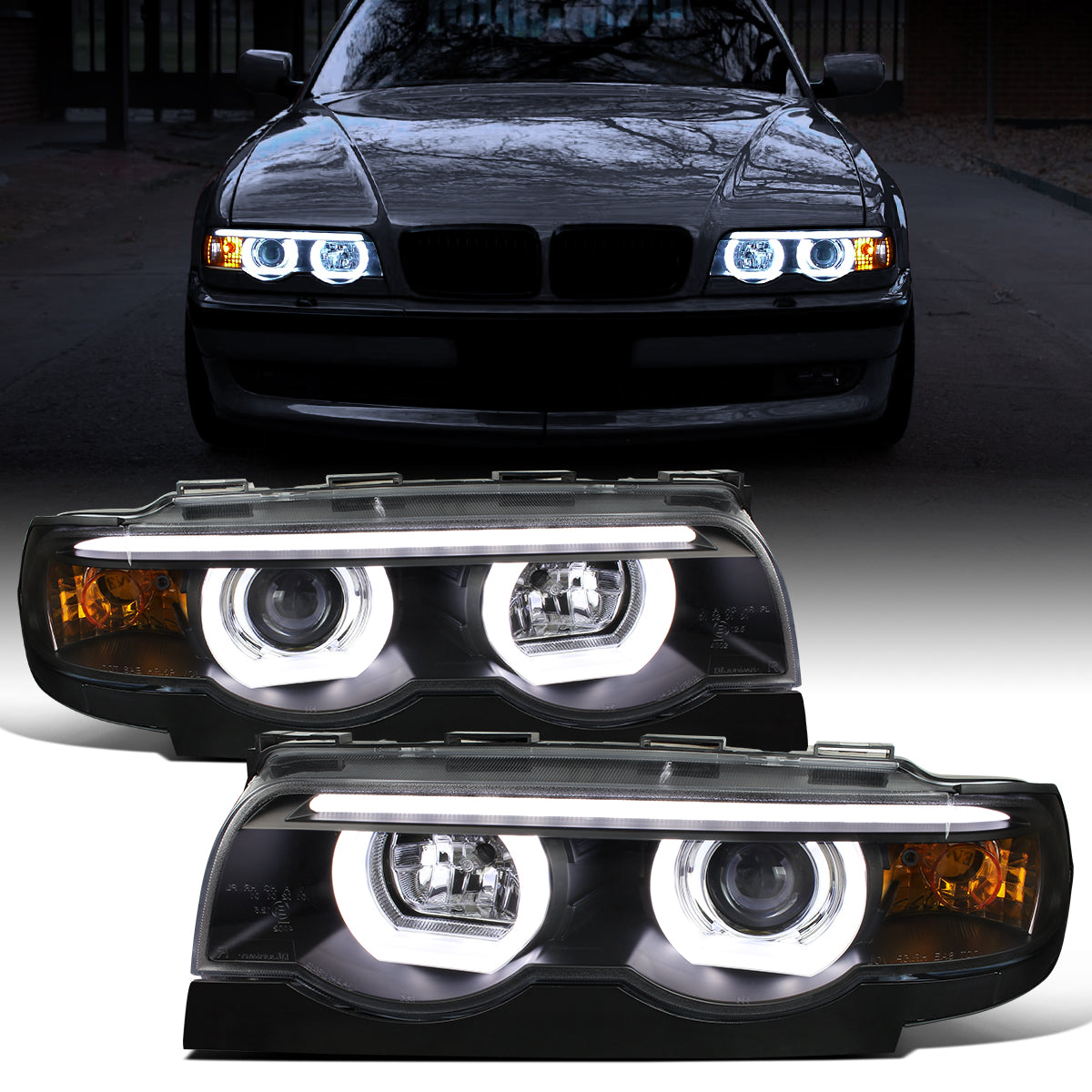 Ronnin - Fits 1995-2001 BMW E38 7-Series 740i 740iL Upgrade Projector Halogen Headlights Assembly Pair | Black