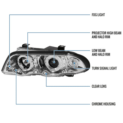 Ronnin - Fits 1999-2001 BMW E46 3-Series Sedan 323i 328i 325i 330i LED Dual Rims Headlights Clear Reflector Assembly Pair | Chrome
