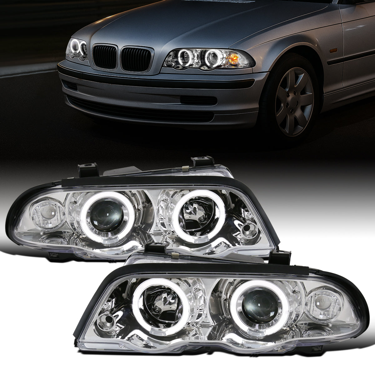 Ronnin - Fits 1999-2001 BMW E46 3-Series Sedan 323i 328i 325i 330i LED Dual Rims Headlights Clear Reflector Assembly Pair | Chrome