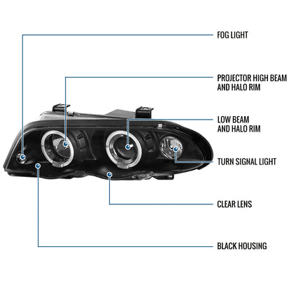 Ronnin - Fits 1999-2001 BMW E46 3-Series Sedan 323i 328i 325i 330i LED Dual Rims Headlights Clear Reflector Assembly Pair | Black