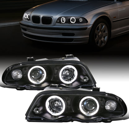 Ronnin - Fits 1999-2001 BMW E46 3-Series Sedan 323i 328i 325i 330i LED Dual Rims Headlights Clear Reflector Assembly Pair | Black