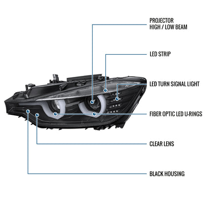 Ronnin -  Fits 2012-2015 BMW F30 3-Series Sedan 328i 335i 320i Xenon Non-AFS Upgraded U-Shaped LED Tube Projector Headlights Assembly Pair | Black