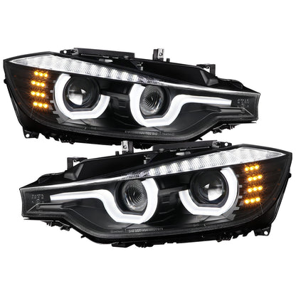 Ronnin -  Fits 2012-2015 BMW F30 3-Series Sedan 328i 335i 320i Xenon Non-AFS Upgraded U-Shaped LED Tube Projector Headlights Assembly Pair | Black