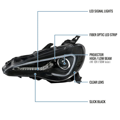 Ronnin - Fits 2013-2016 Scion FR-S Upgrade LED Running Lights Tube Projector Halogen Headlights Assembly Pair | Gloss Black