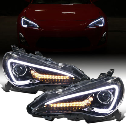 Ronnin - Fits 2013-2016 Scion FR-S Upgrade LED Running Lights Tube Projector Halogen Headlights Assembly Pair | Gloss Black